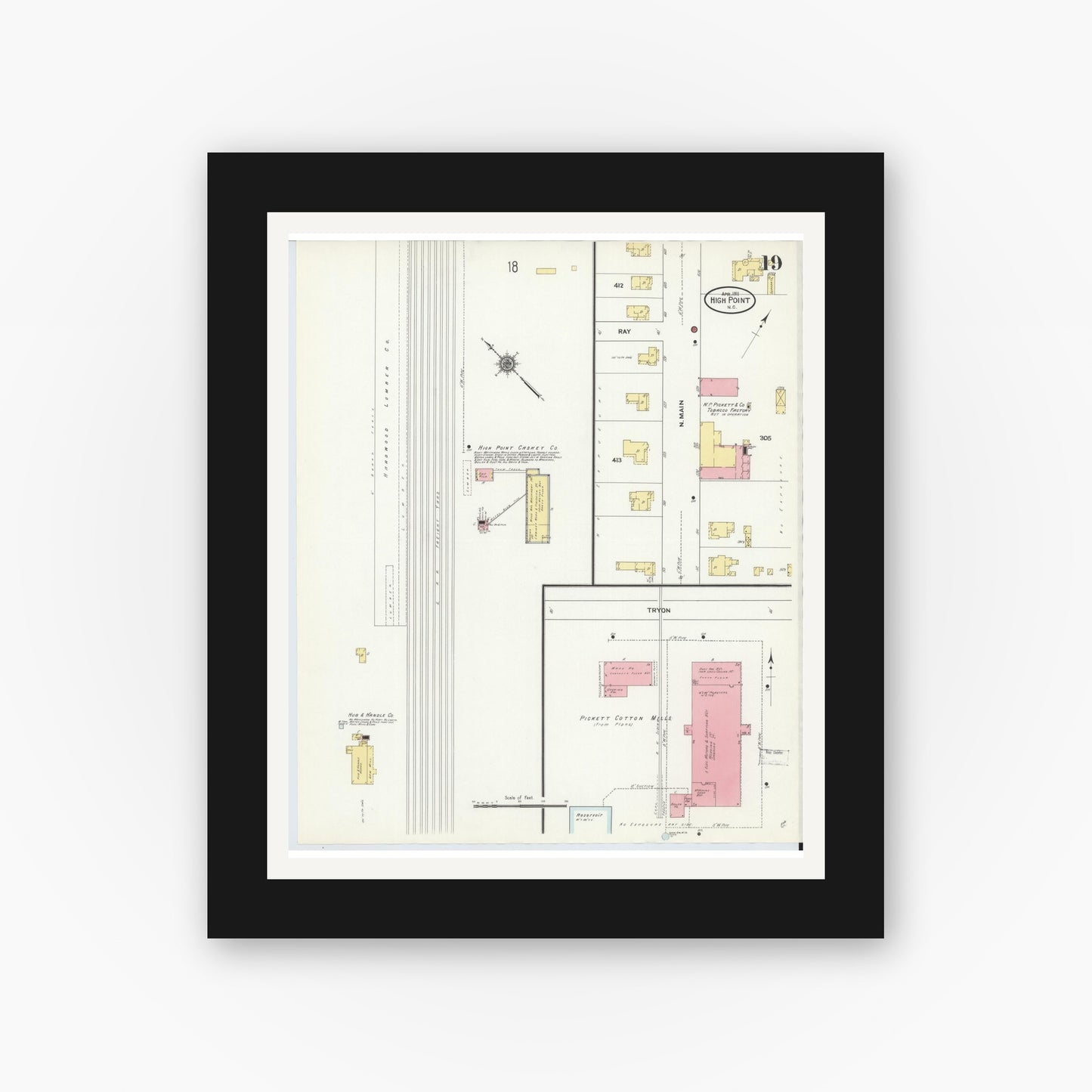 Old map wall art mockup — black gallery frame with white mat — Sanborn Fire Insurance Map from High Point, Guilford County, North Carolina (1911), Sheet #0019