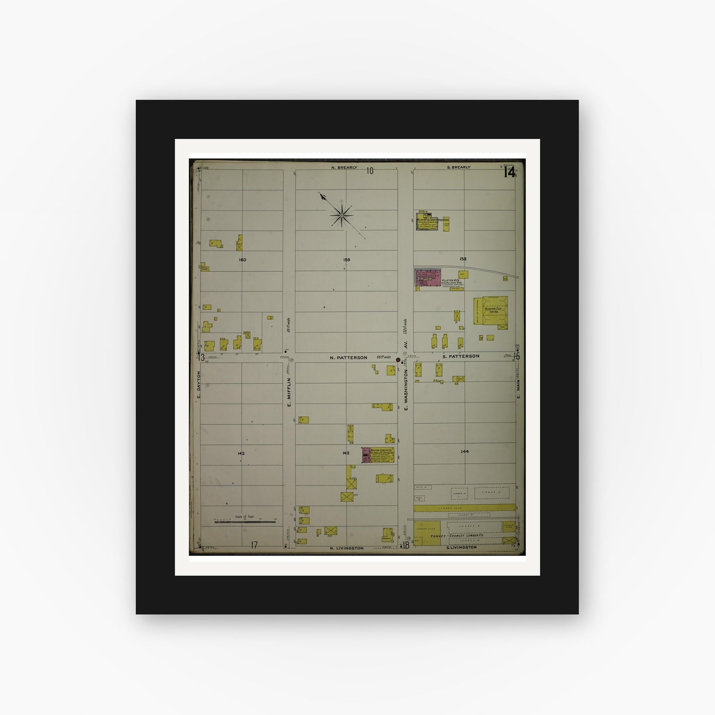Old map wall art mockup — black gallery frame with white mat — Sanborn Fire Insurance Map from Madison, Dane County, Wisconsin (1908), Sheet #0014