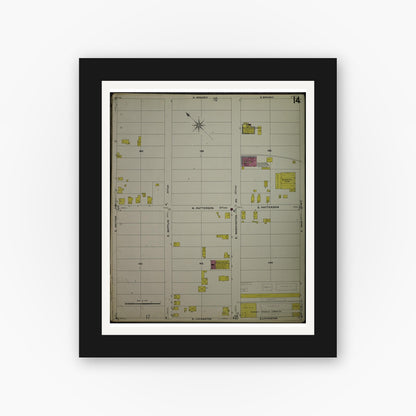 Old map wall art mockup — black gallery frame with white mat — Sanborn Fire Insurance Map from Madison, Dane County, Wisconsin (1908), Sheet #0014