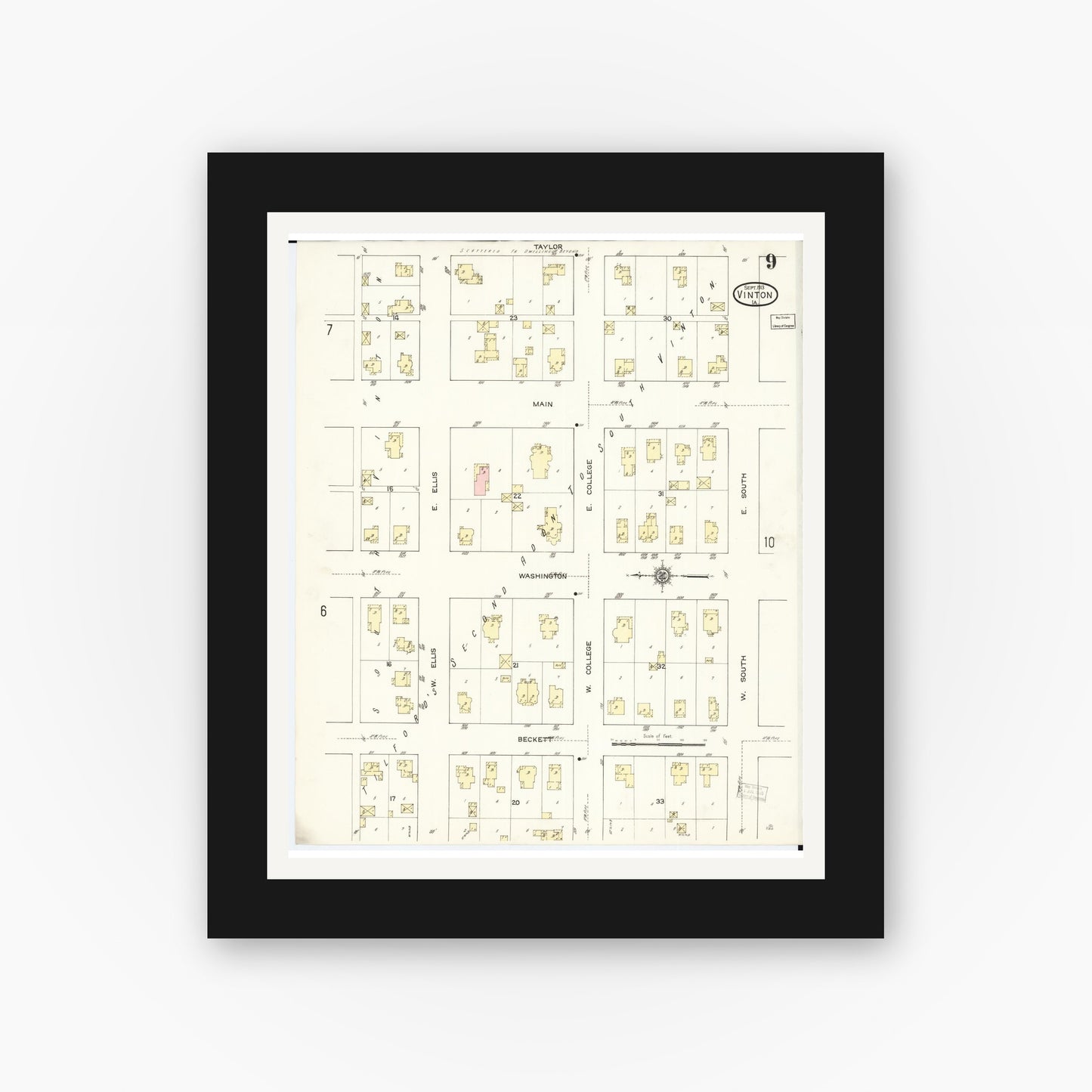 Old map wall art mockup — black gallery frame with white mat — Sanborn Fire Insurance Map from Vinton, Benton County, Iowa (1913), Sheet #0009