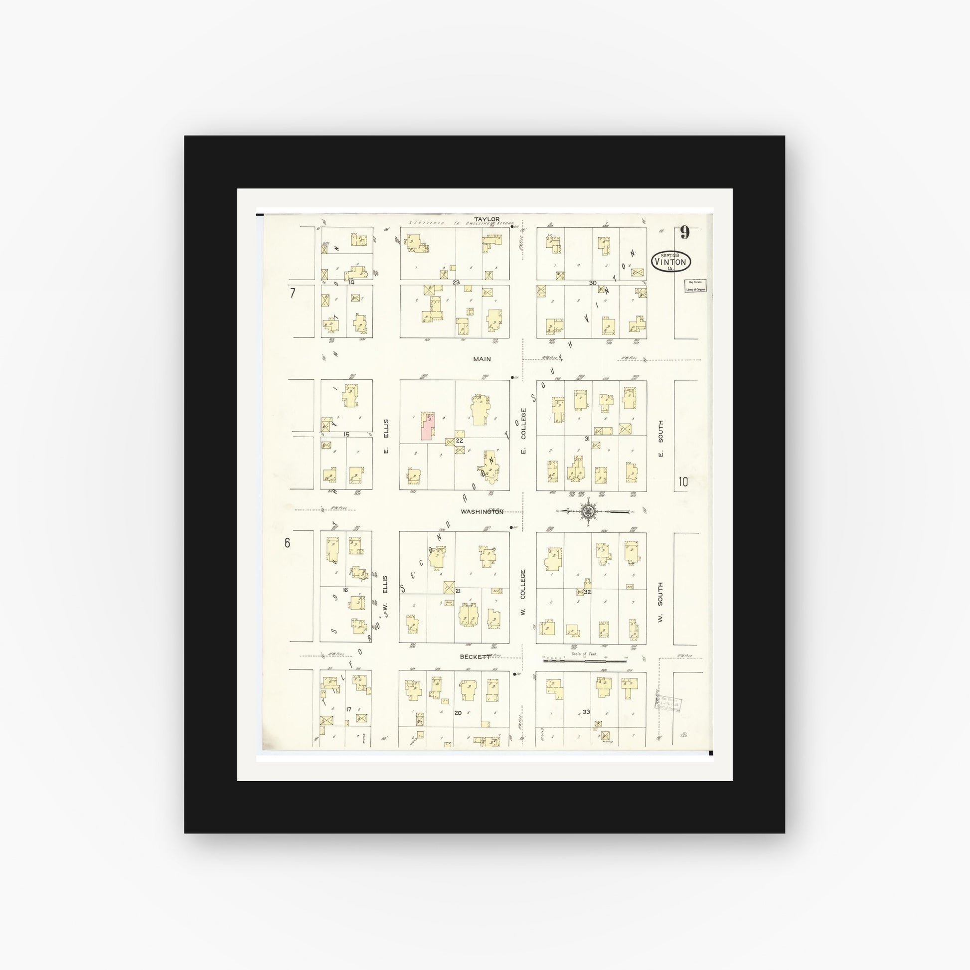Old map wall art mockup — black gallery frame with white mat — Sanborn Fire Insurance Map from Vinton, Benton County, Iowa (1913), Sheet #0009