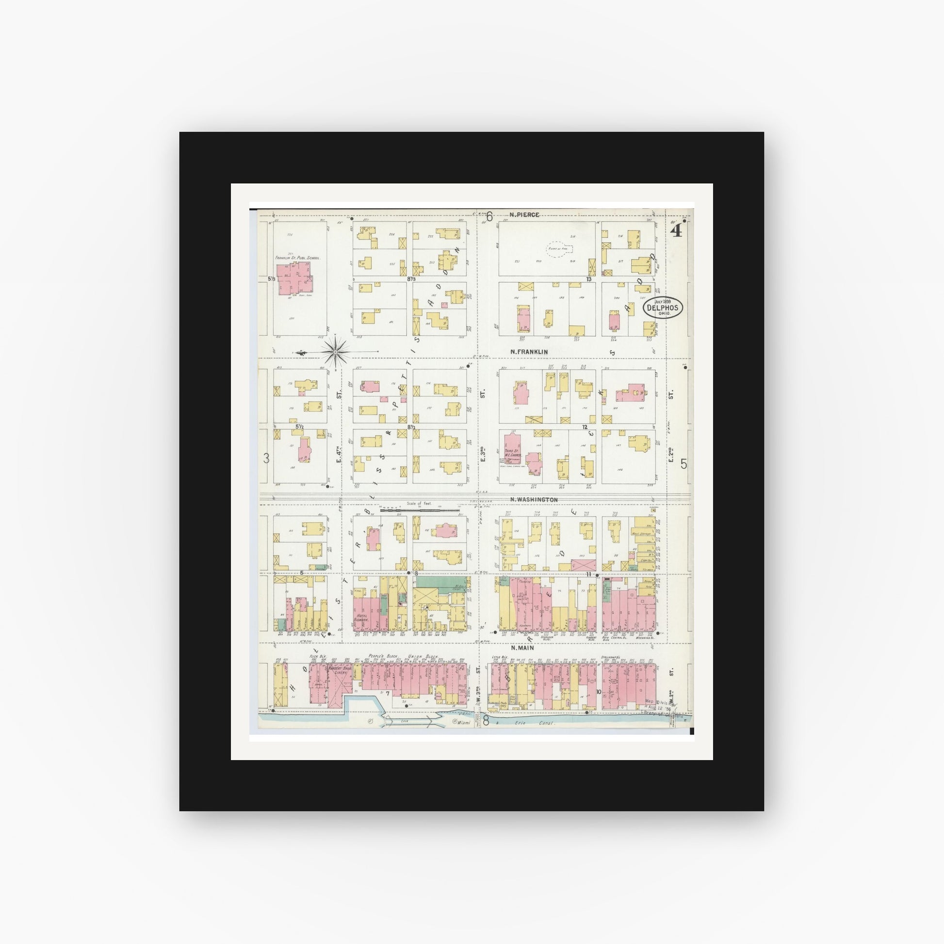 Old map wall art mockup — black gallery frame with white mat — Sanborn Fire Insurance Map from Delphos, Van Wert And Allen Counties, Ohio (1899), Sheet #0004