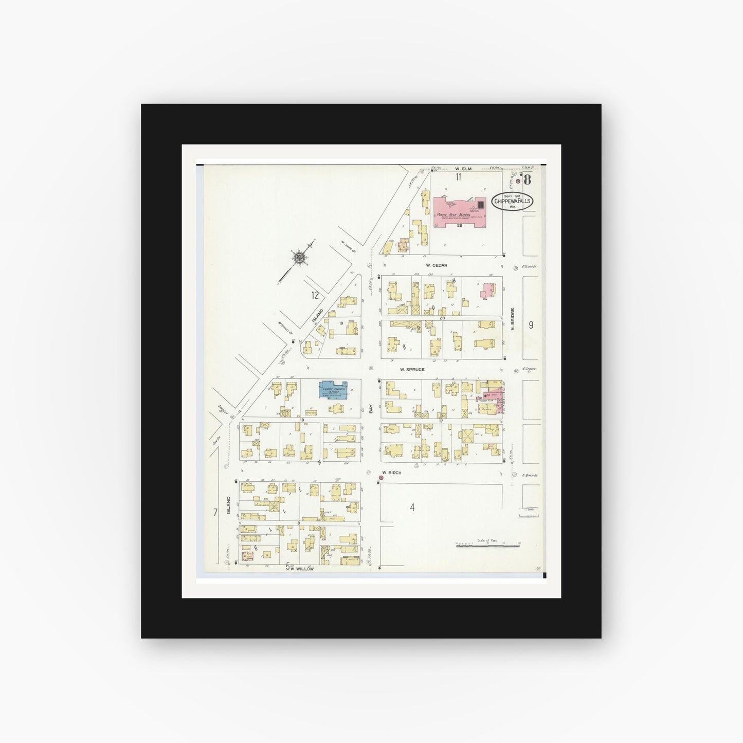 Old map wall art mockup — black gallery frame with white mat — Sanborn Fire Insurance Map from Chippewa Falls, Chippewa County, Wisconsin (1910), Sheet #0008