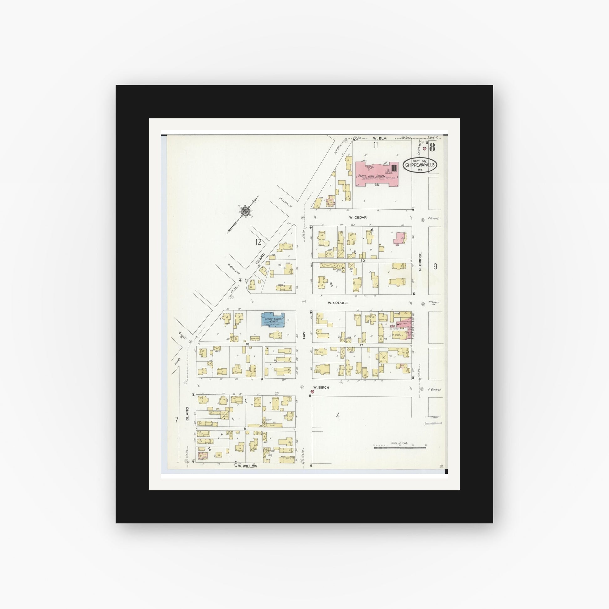 Old map wall art mockup — black gallery frame with white mat — Sanborn Fire Insurance Map from Chippewa Falls, Chippewa County, Wisconsin (1910), Sheet #0008