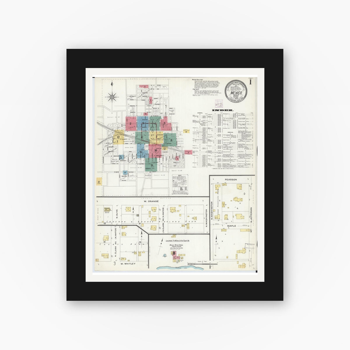 Old map wall art mockup — black gallery frame with white mat — Sanborn Fire Insurance Map from Mexico, Audrain County, Missouri (1908) - Complete Map Set