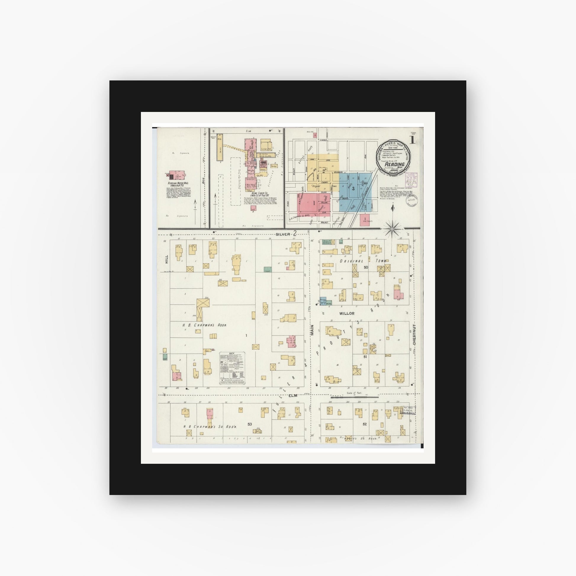 Old map wall art mockup — black gallery frame with white mat — Sanborn Fire Insurance Map from Reading, Hillsdale County, Michigan (1901) - Complete Map Set