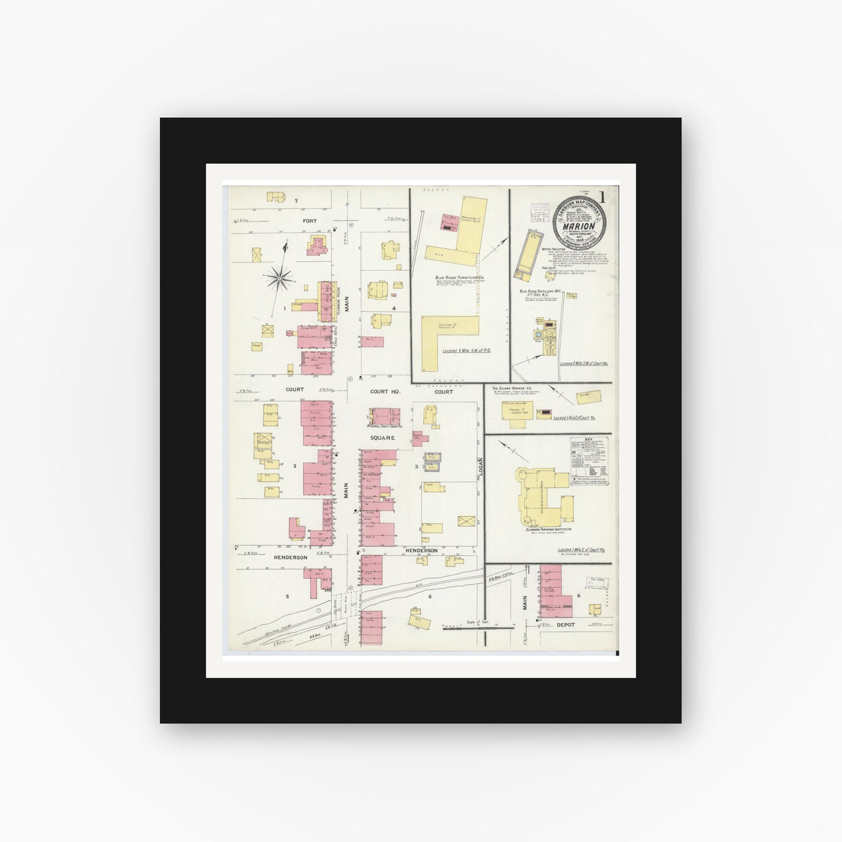 Old map wall art mockup — black gallery frame with white mat — Sanborn Fire Insurance Map from Marion, Mcdowell County, North Carolina (1908) - Complete Map Set