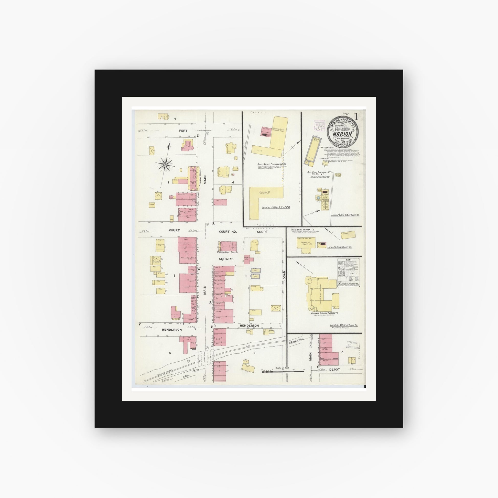 Old map wall art mockup — black gallery frame with white mat — Sanborn Fire Insurance Map from Marion, Mcdowell County, North Carolina (1908) - Complete Map Set