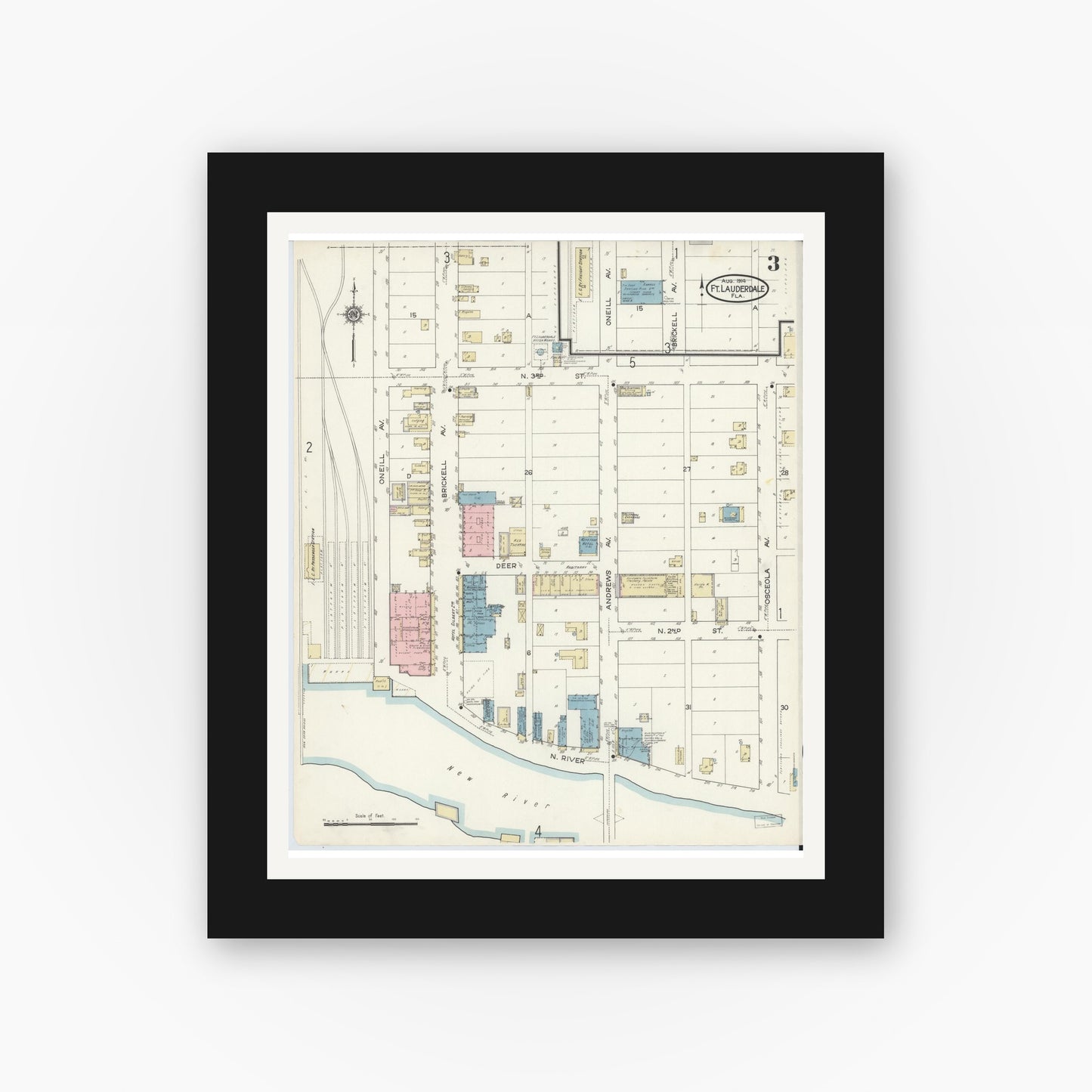 Old map wall art mockup — black gallery frame with white mat — Sanborn Fire Insurance Map from Fort Lauderdale, Broward County, Florida (1914), Sheet #0003