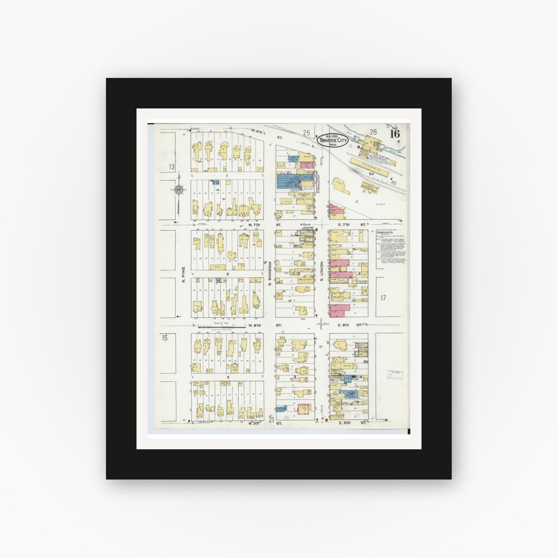 Old map wall art mockup — black gallery frame with white mat — Sanborn Fire Insurance Map from Traverse City, Grand Traverse County, Michigan (1920), Sheet #0016