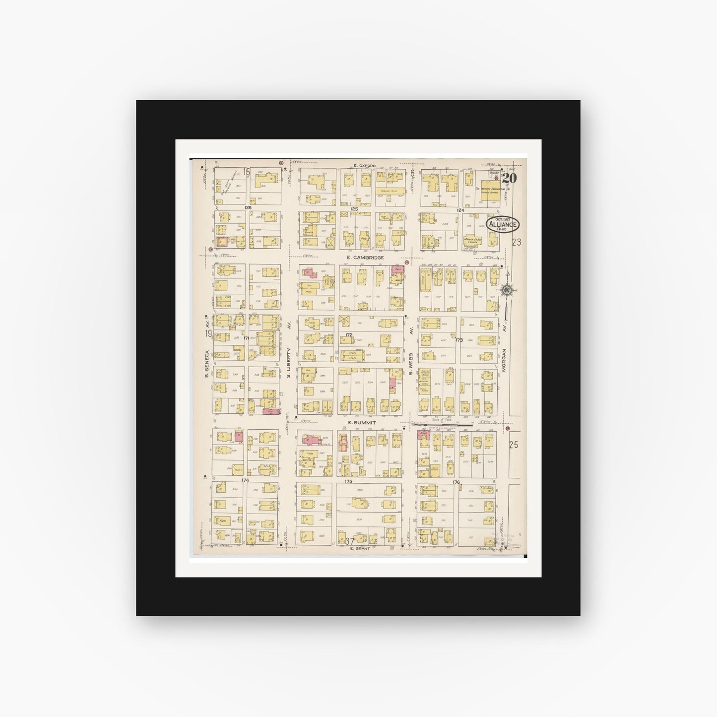 Old map wall art mockup — black gallery frame with white mat — Sanborn Fire Insurance Map from Alliance, Stark County, Ohio (1921), Sheet #0020
