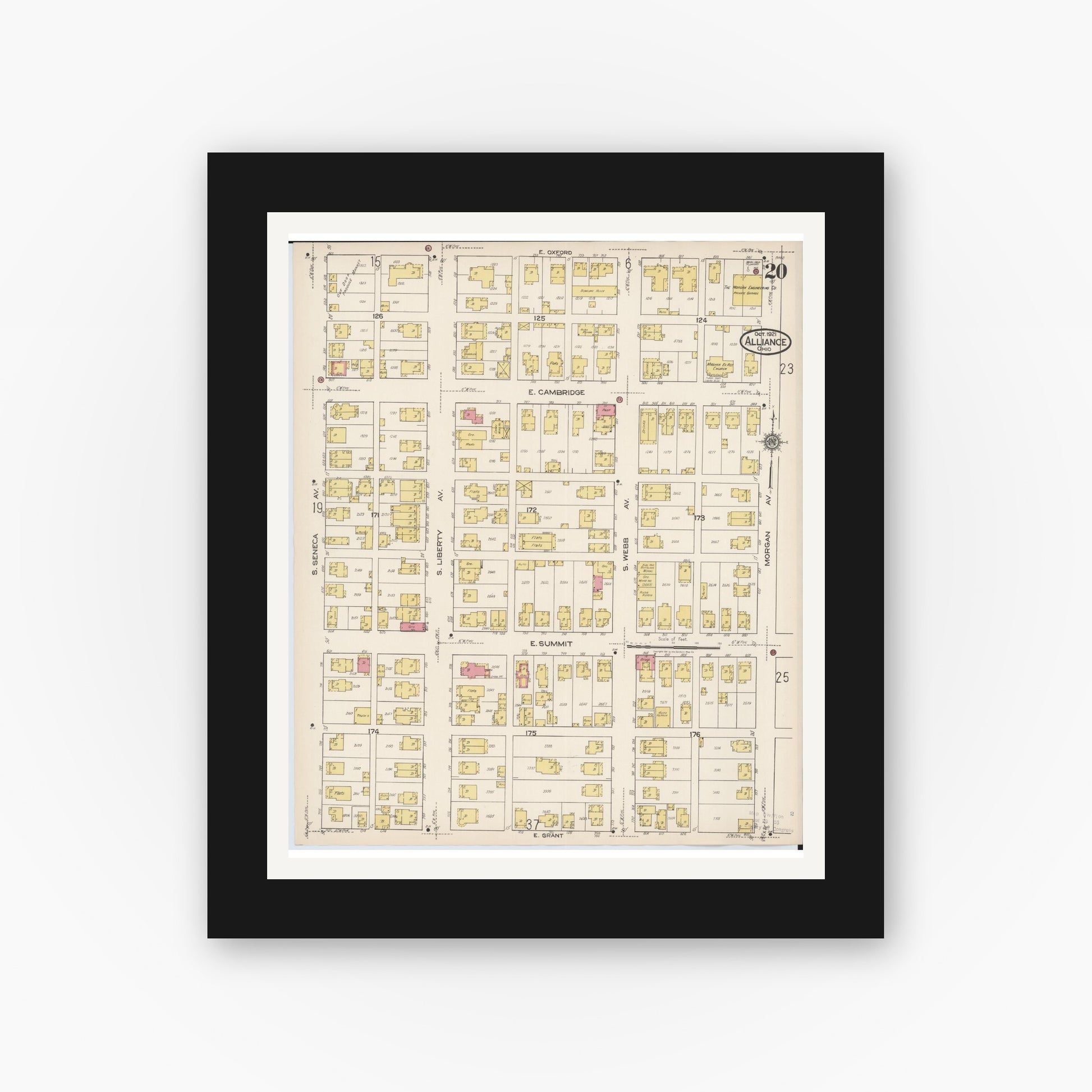 Old map wall art mockup — black gallery frame with white mat — Sanborn Fire Insurance Map from Alliance, Stark County, Ohio (1921), Sheet #0020