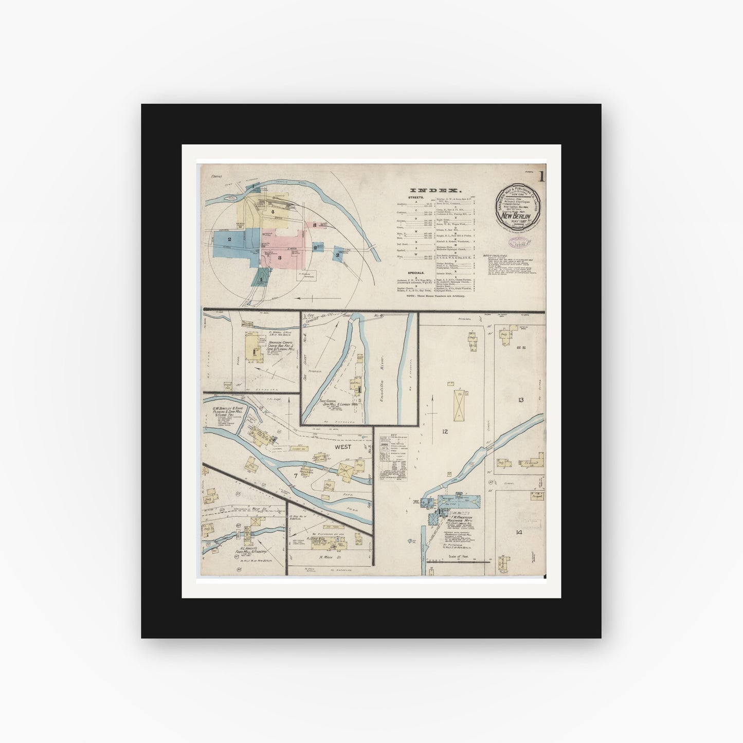 Old map wall art mockup — black gallery frame with white mat — Sanborn Fire Insurance Map from New Berlin, Chenango County, New York (1887) - Complete Map Set