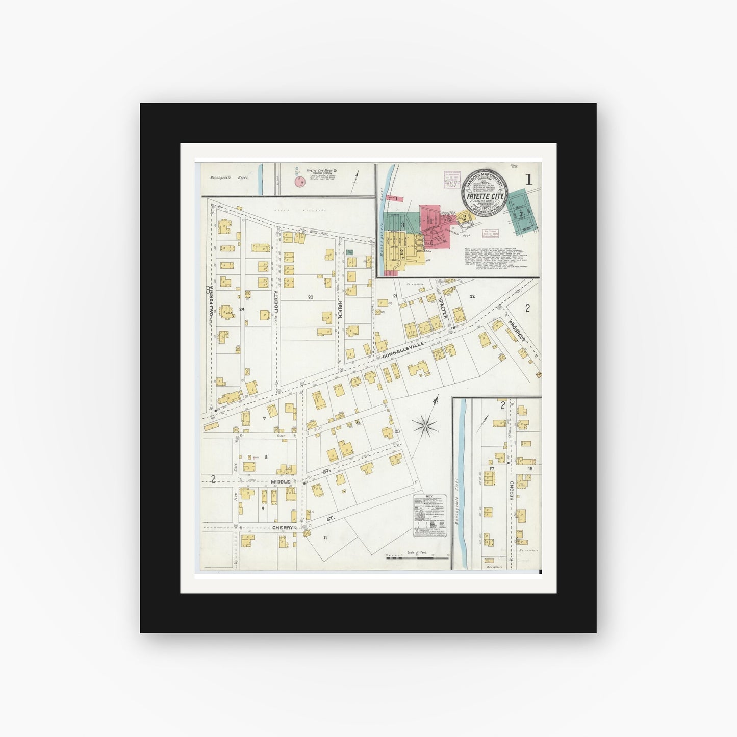 Old map wall art mockup — black gallery frame with white mat — Sanborn Fire Insurance Map from Fayette City, Fayette County, Pennsylvania (1905) - Complete Map Set