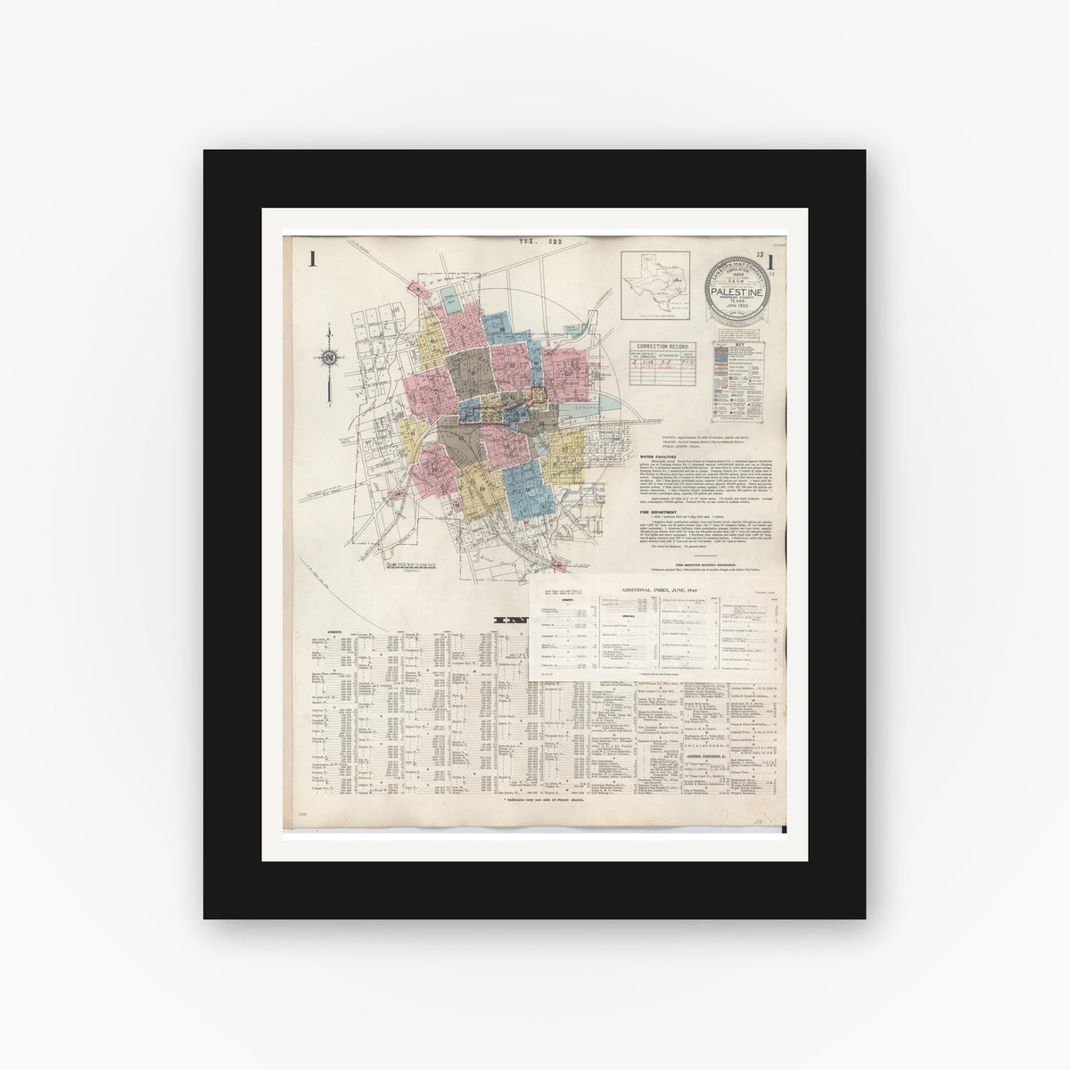 Old map wall art mockup — black gallery frame with white mat — Sanborn Fire Insurance Map from Palestine, Anderson County, Texas (1949) - Complete Map Set