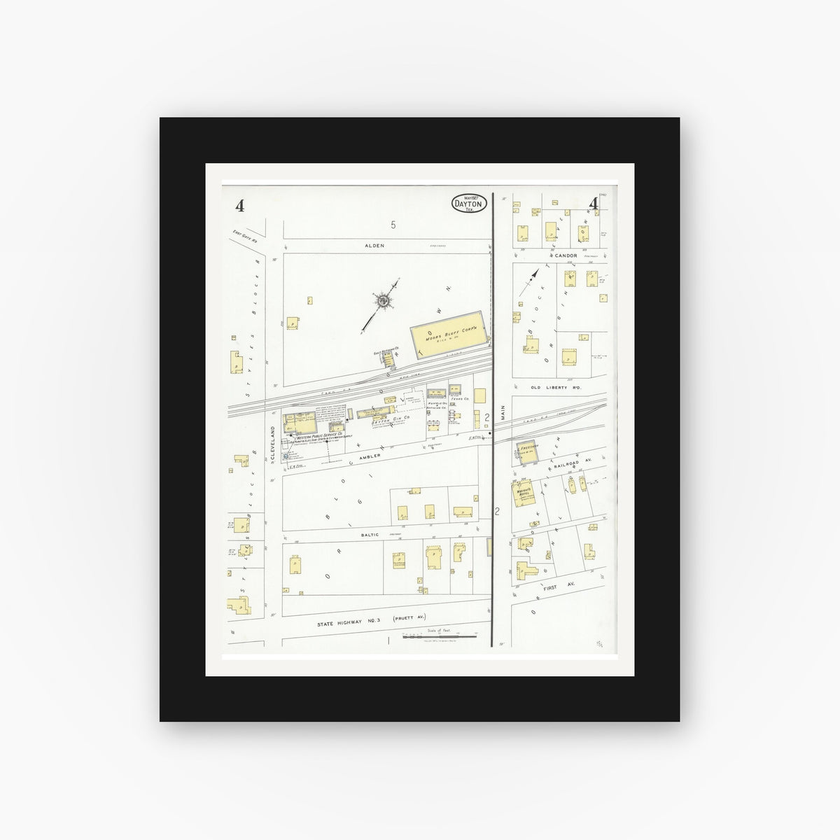 Old map wall art mockup — black gallery frame with white mat — Sanborn Fire Insurance Map from Dayton, Liberty County, Texas (1927), Sheet #0004