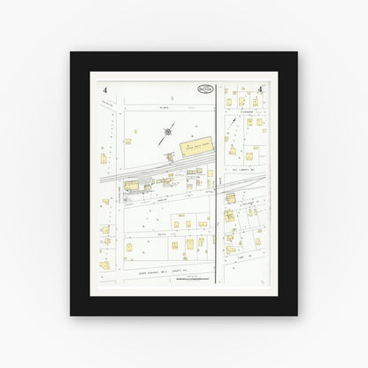 Old map wall art mockup — black gallery frame with white mat — Sanborn Fire Insurance Map from Dayton, Liberty County, Texas (1927), Sheet #0004