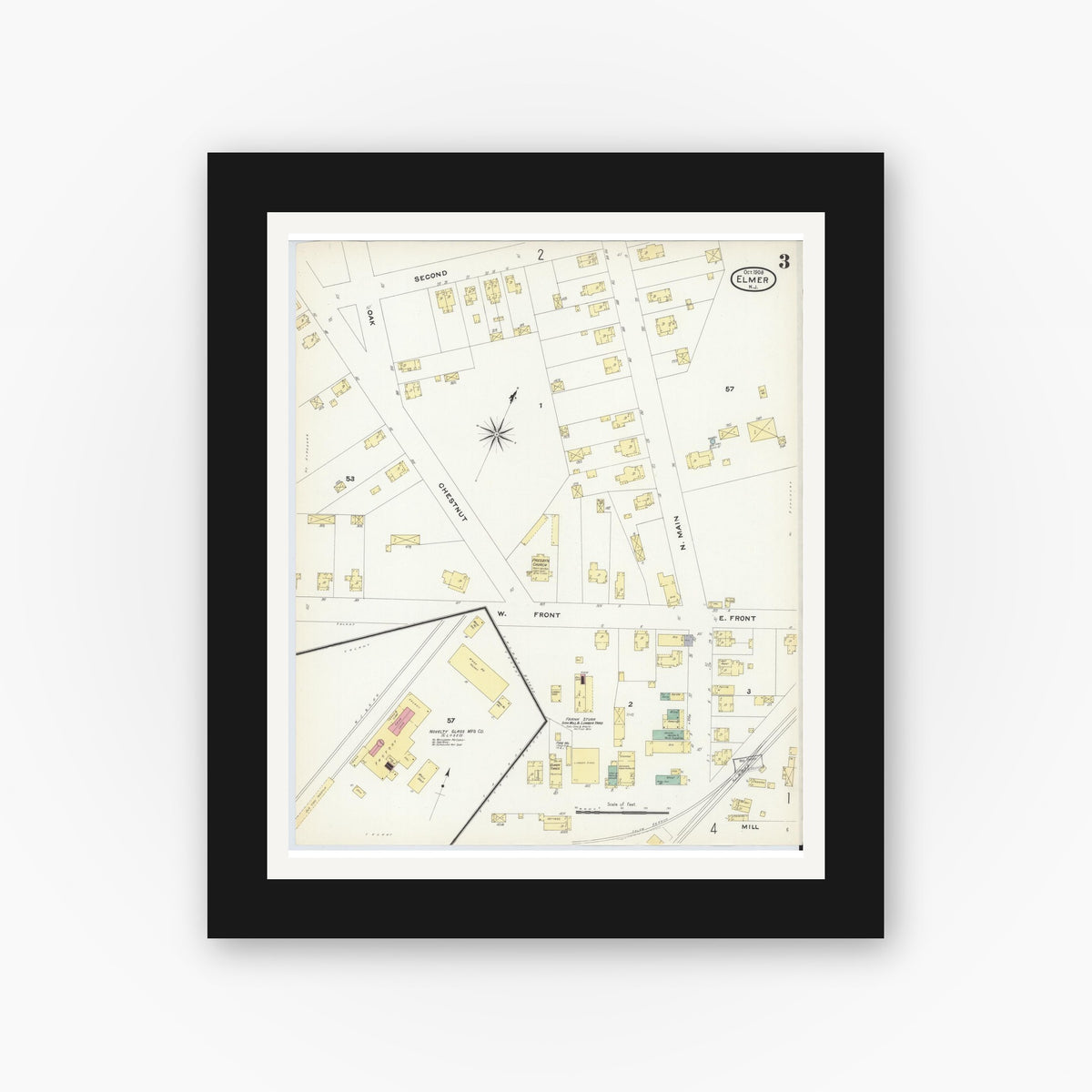 Old map wall art mockup — black gallery frame with white mat — Sanborn Fire Insurance Map from Elmer, Salem County, New Jersey (1908), Sheet #0003