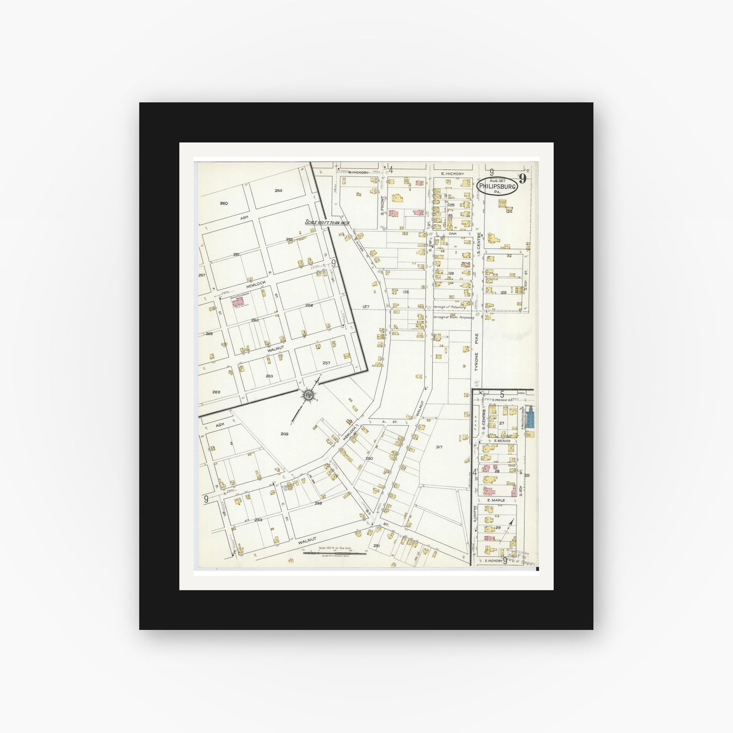 Old map wall art mockup — black gallery frame with white mat — Sanborn Fire Insurance Map from Philipsburg, Centre County, Pennsylvania (1917), Sheet #0009