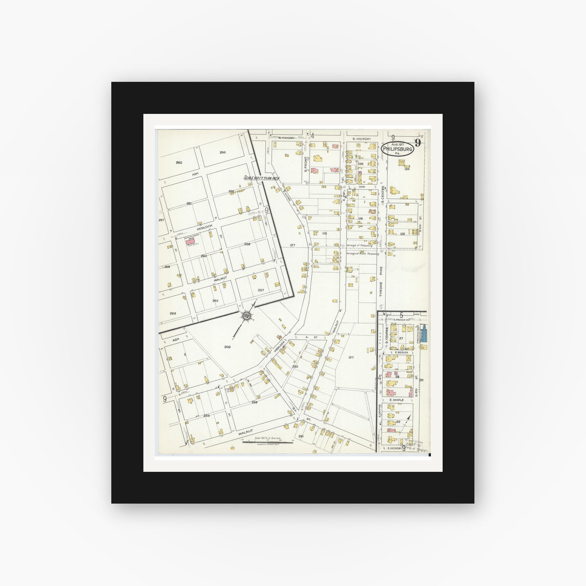 Old map wall art mockup — black gallery frame with white mat — Sanborn Fire Insurance Map from Philipsburg, Centre County, Pennsylvania (1917), Sheet #0009
