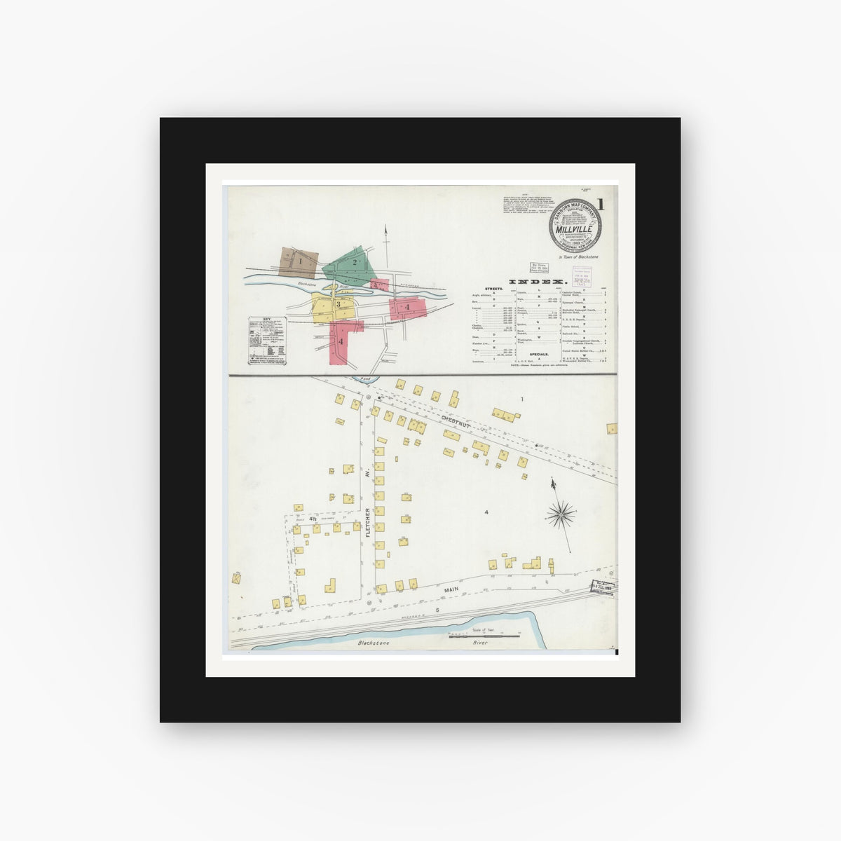 Old map wall art mockup — black gallery frame with white mat — Sanborn Fire Insurance Map from Millville, Worcester County, Massachusetts (1903) - Complete Map Set