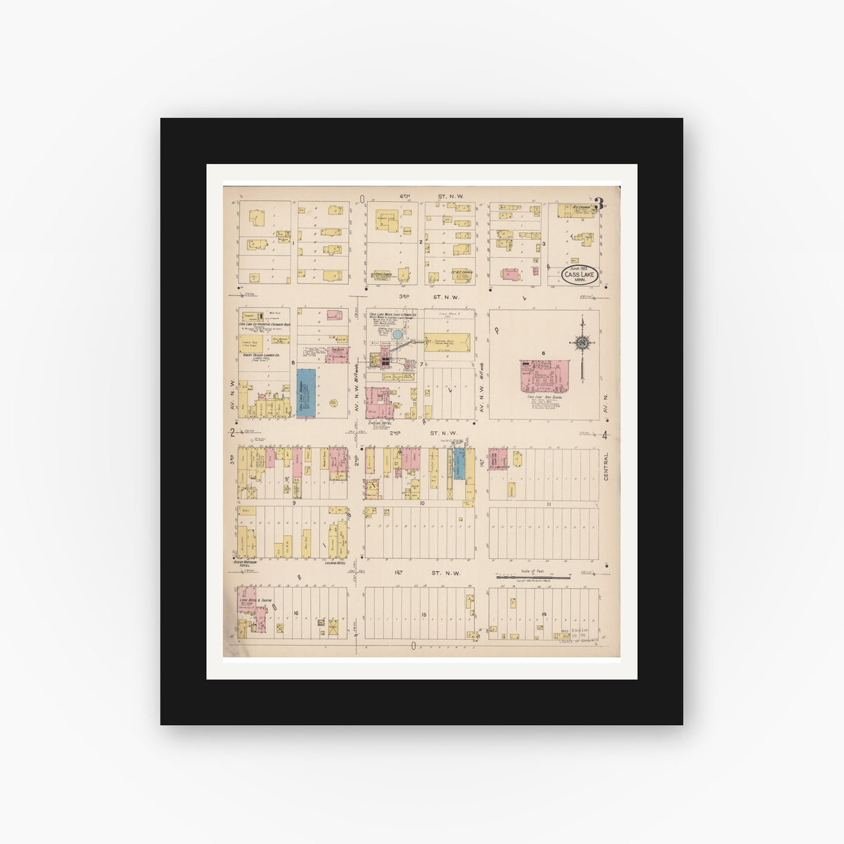 Old map wall art mockup — black gallery frame with white mat — Sanborn Fire Insurance Map from Cass Lake, Cass County, Minnesota (1922), Sheet #0003