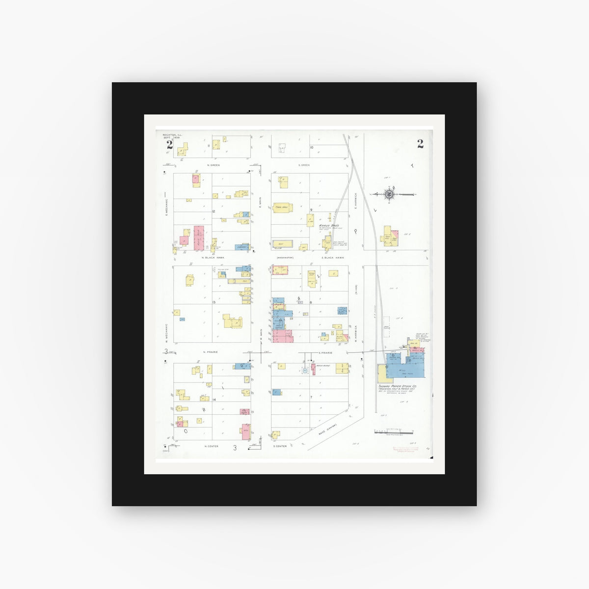 Old map wall art mockup — black gallery frame with white mat — Sanborn Fire Insurance Map from Rockton, Winnebago County, Illinois (1939), Sheet #0002