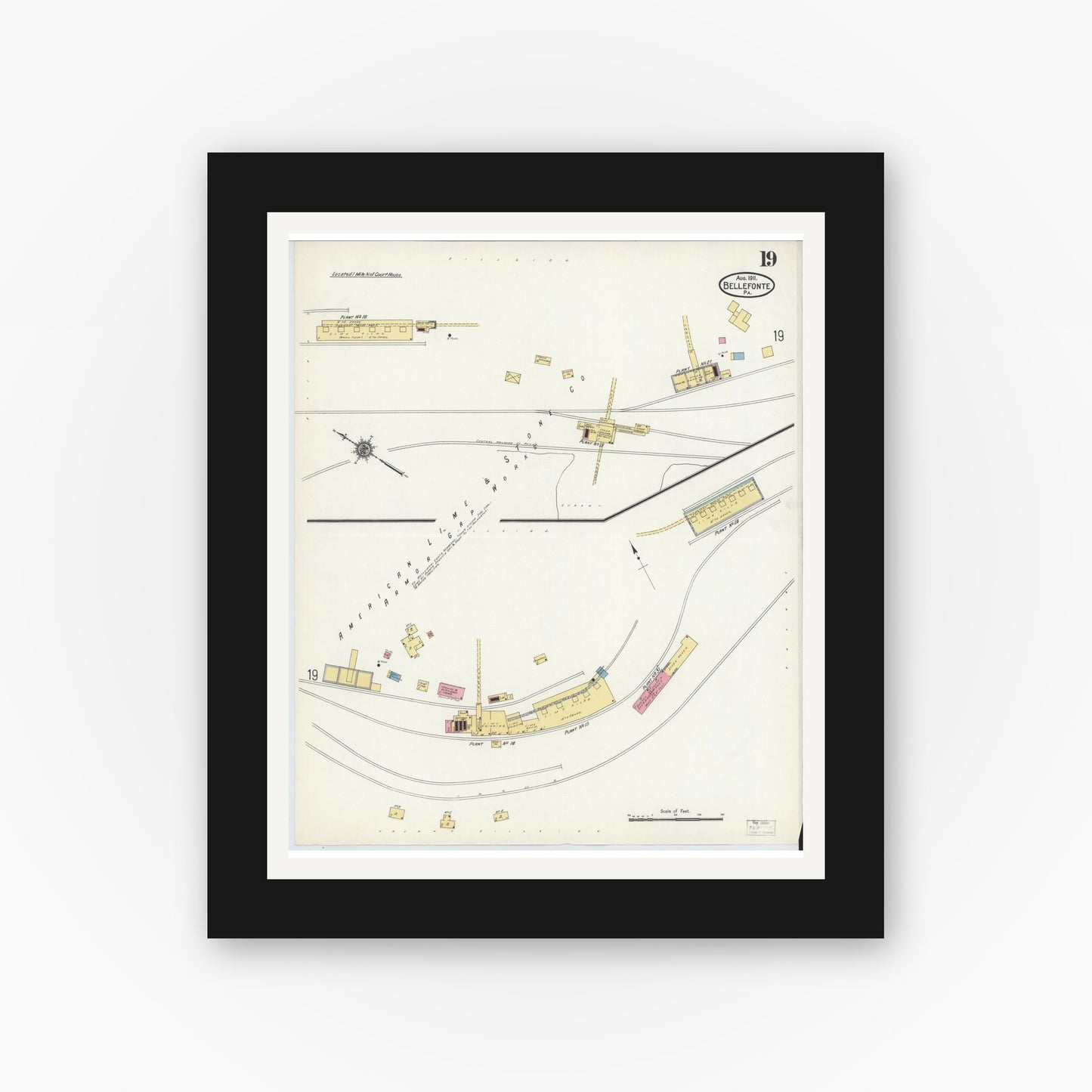 Old map wall art mockup — black gallery frame with white mat — Sanborn Fire Insurance Map from Bellefonte, Centre County, Pennsylvania (1911), Sheet #0019