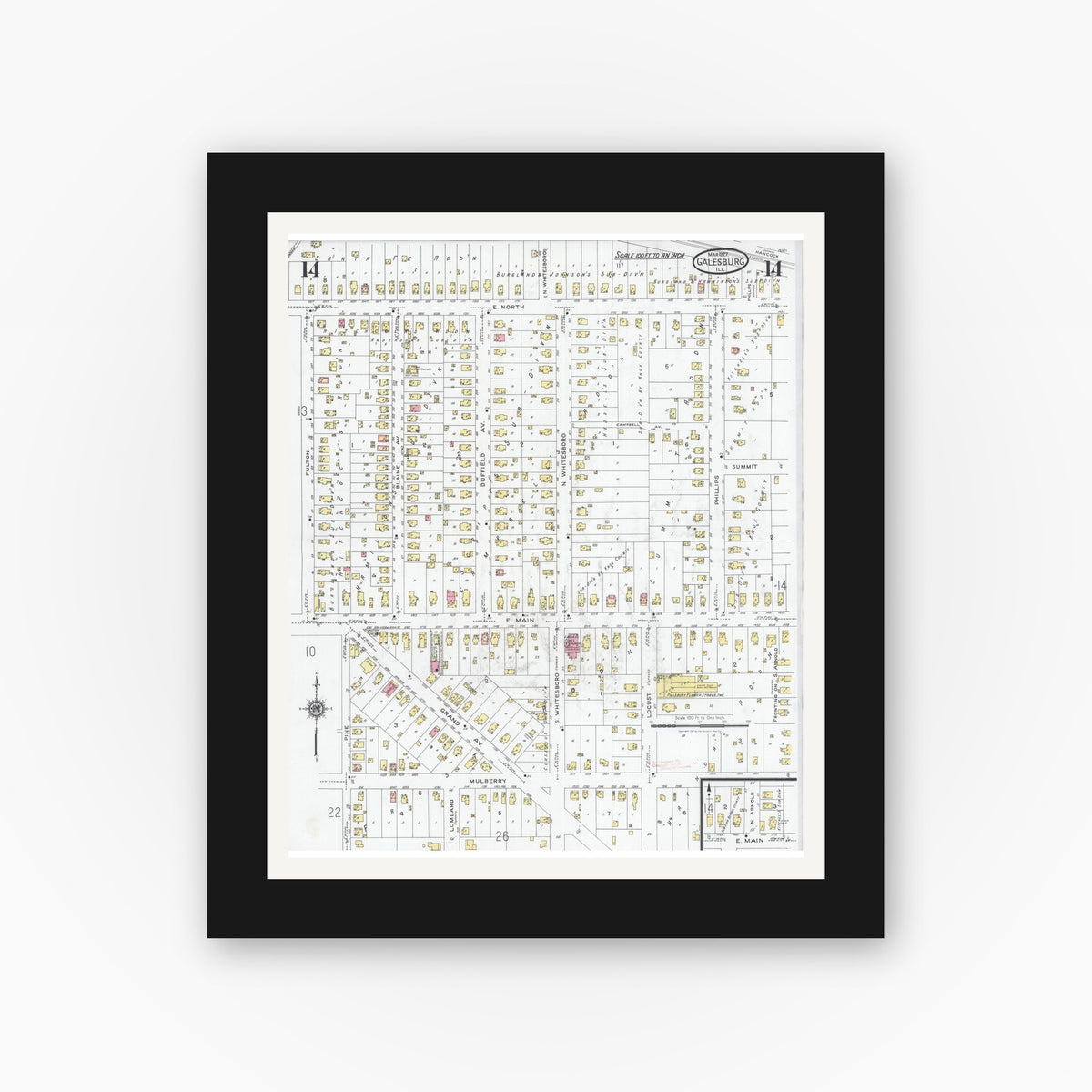 Old map wall art mockup — black gallery frame with white mat — Sanborn Fire Insurance Map from Galesburg, Knox County, Illinois (1927), Sheet #0014