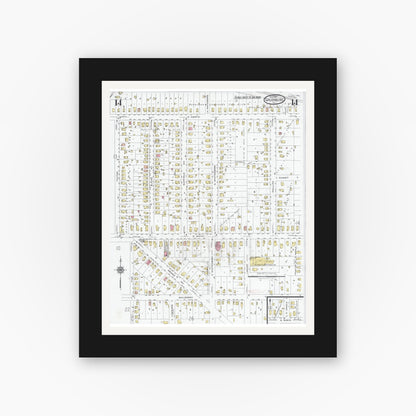 Old map wall art mockup — black gallery frame with white mat — Sanborn Fire Insurance Map from Galesburg, Knox County, Illinois (1927), Sheet #0014