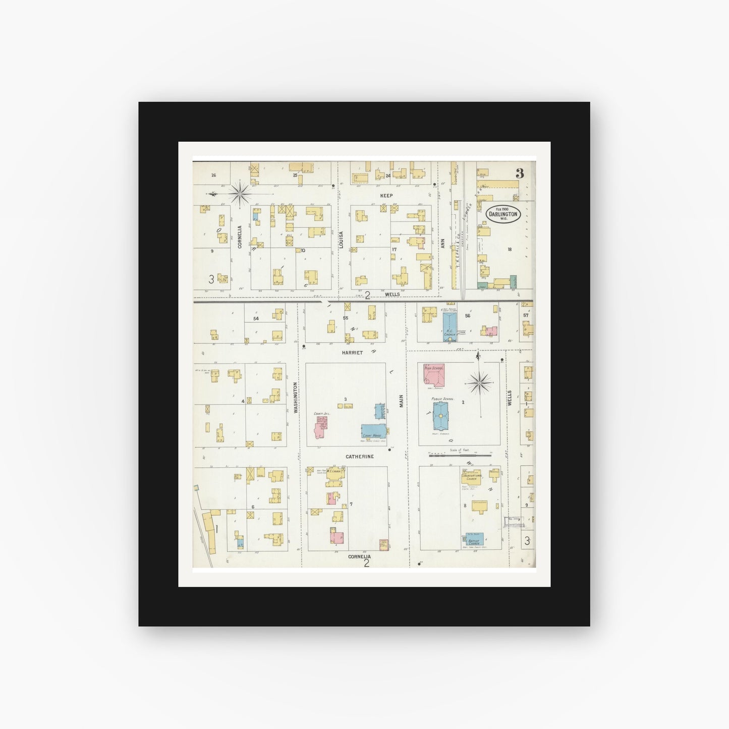 Old map wall art mockup — black gallery frame with white mat — Sanborn Fire Insurance Map from Darlington, Lafayette County, Wisconsin (1900), Sheet #0003
