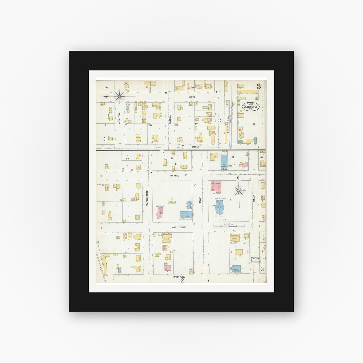 Old map wall art mockup — black gallery frame with white mat — Sanborn Fire Insurance Map from Darlington, Lafayette County, Wisconsin (1900), Sheet #0003