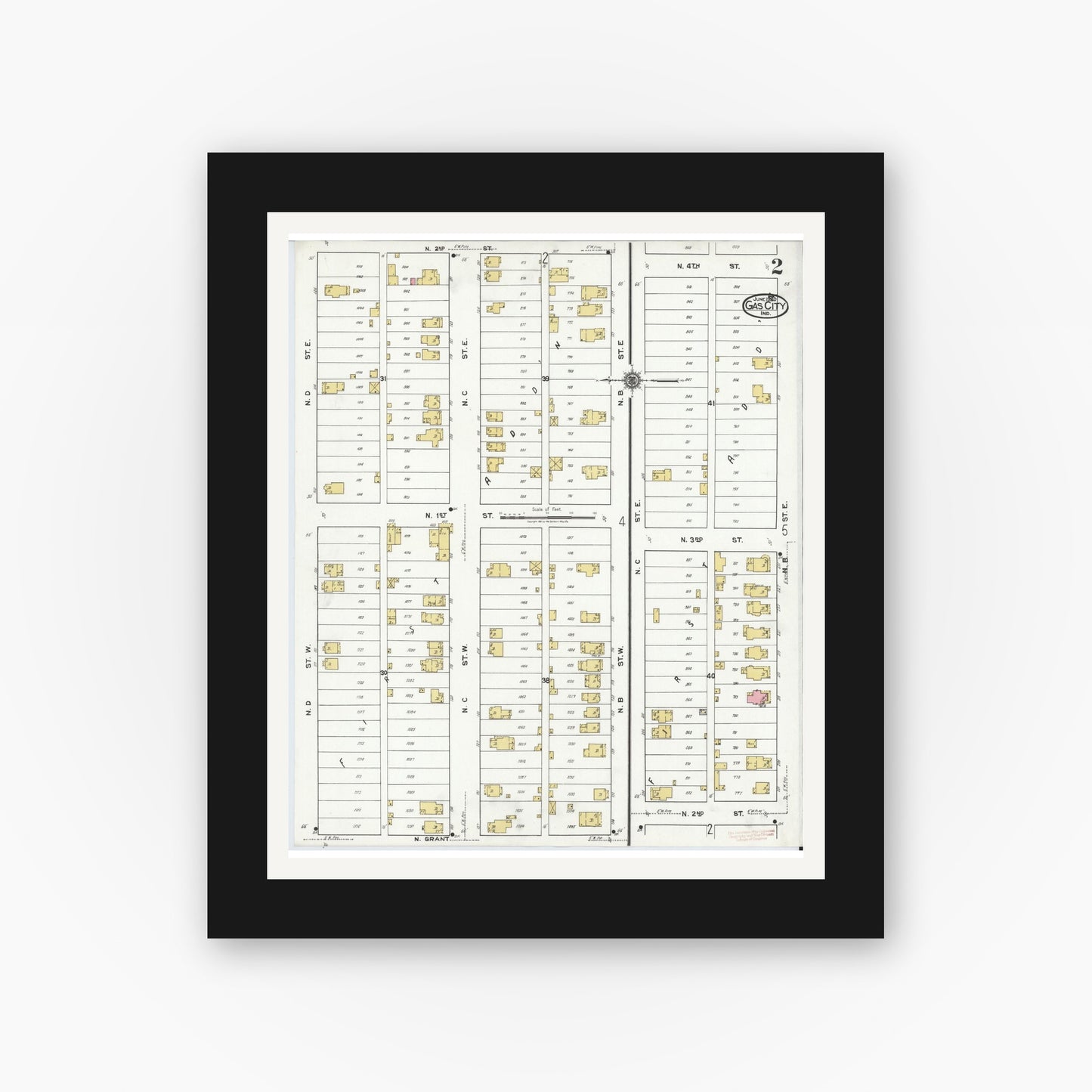 Old map wall art mockup — black gallery frame with white mat — Sanborn Fire Insurance Map from Gas City, Grant County, Indiana (1920), Sheet #0002