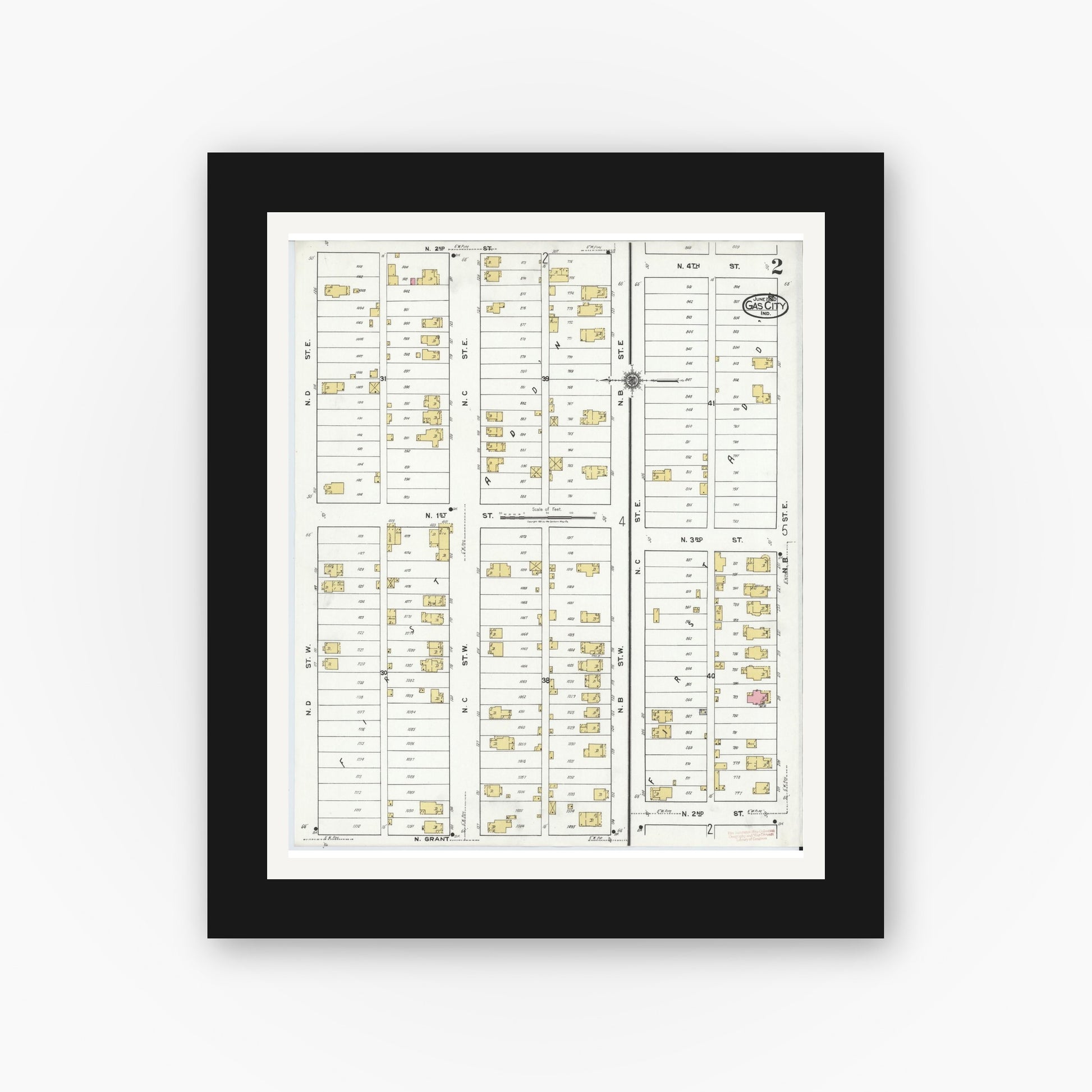 Old map wall art mockup — black gallery frame with white mat — Sanborn Fire Insurance Map from Gas City, Grant County, Indiana (1920), Sheet #0002