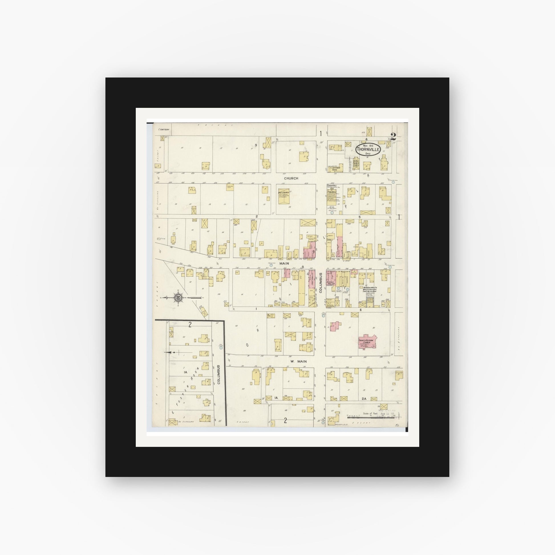 Old map wall art mockup — black gallery frame with white mat — Sanborn Fire Insurance Map from Thornville, Perry County, Ohio (1913), Sheet #0002