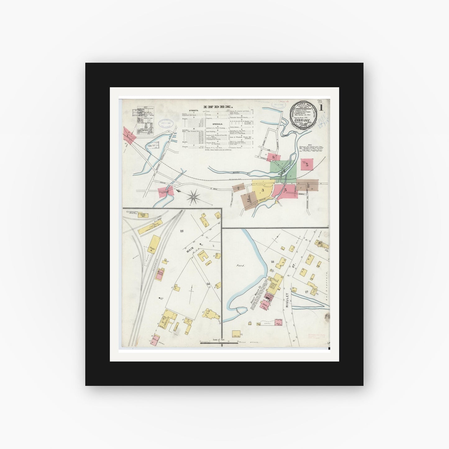 Old map wall art mockup — black gallery frame with white mat — Sanborn Fire Insurance Map from Uxbridge, Worcester County, Massachusetts (1898) - Complete Map Set