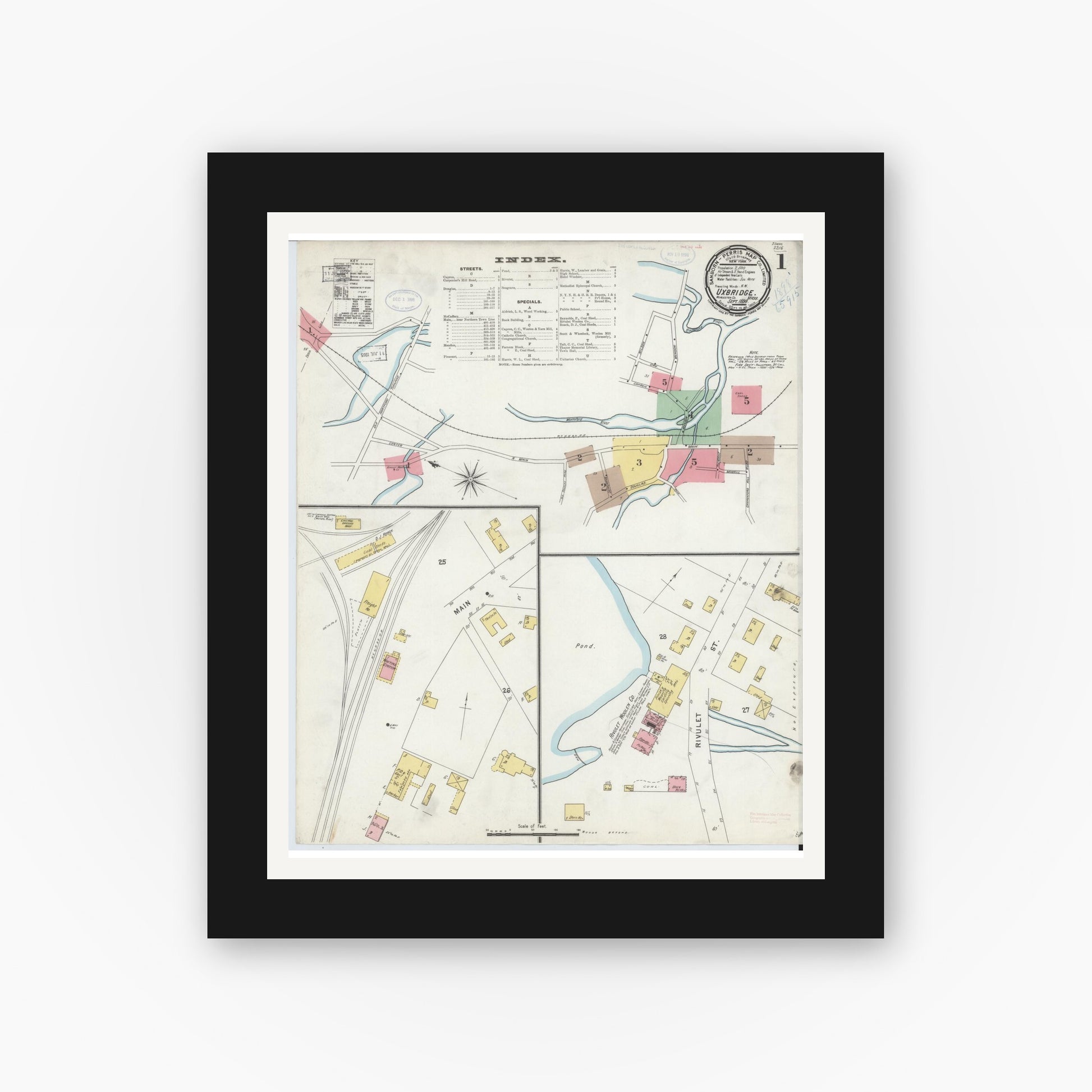 Old map wall art mockup — black gallery frame with white mat — Sanborn Fire Insurance Map from Uxbridge, Worcester County, Massachusetts (1898) - Complete Map Set