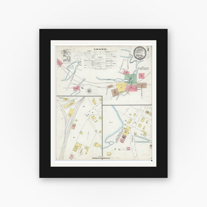 Old map wall art mockup — black gallery frame with white mat — Sanborn Fire Insurance Map from Uxbridge, Worcester County, Massachusetts (1898) - Complete Map Set