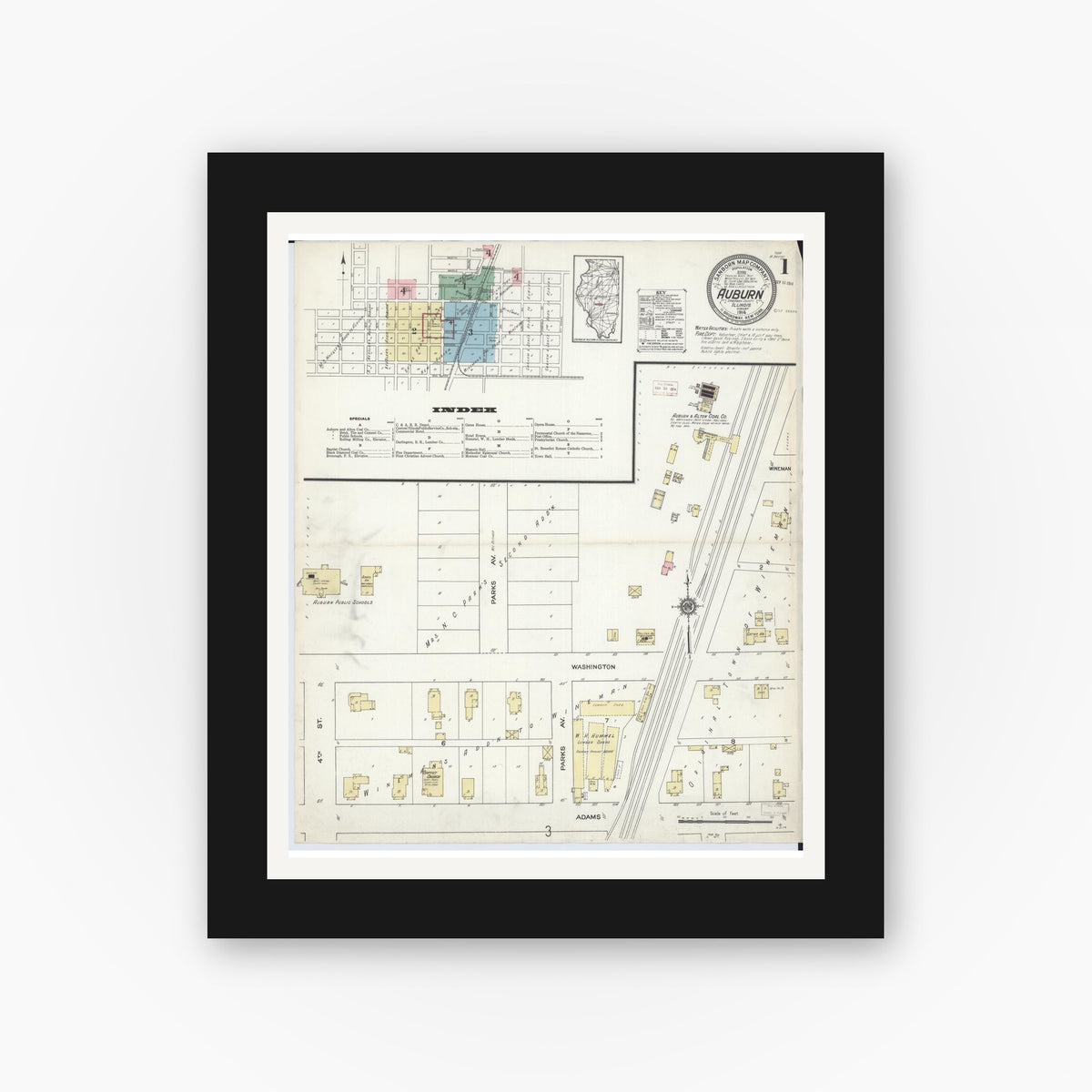 Old map wall art mockup — black gallery frame with white mat — Sanborn Fire Insurance Map from Auburn, Sangamon County, Illinois (1914), Sheet #0001