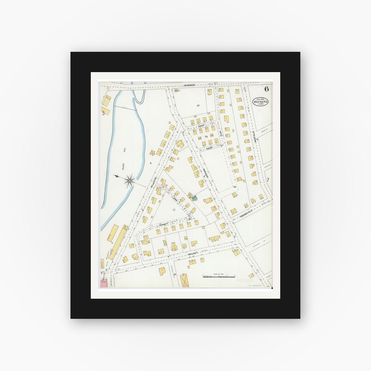 Old map wall art mockup — black gallery frame with white mat — Sanborn Fire Insurance Map from Maynard, Middlesex County, Massachusetts (1904), Sheet #0006
