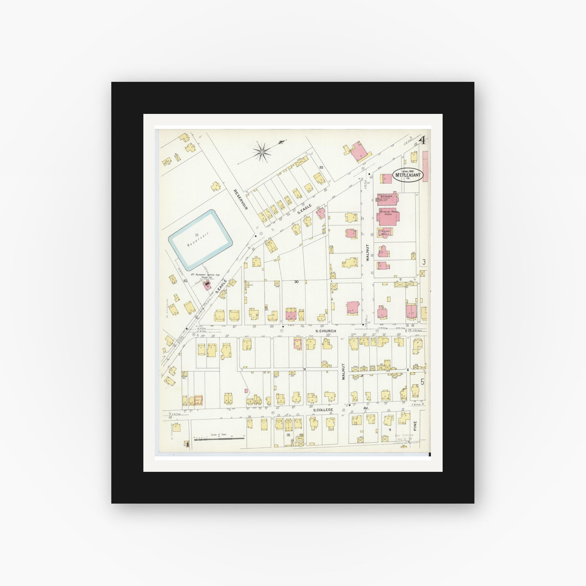 Old map wall art mockup — black gallery frame with white mat — Sanborn Fire Insurance Map from Mount Pleasant, Westmoreland County, Pennsylvania (1908), Sheet #0004