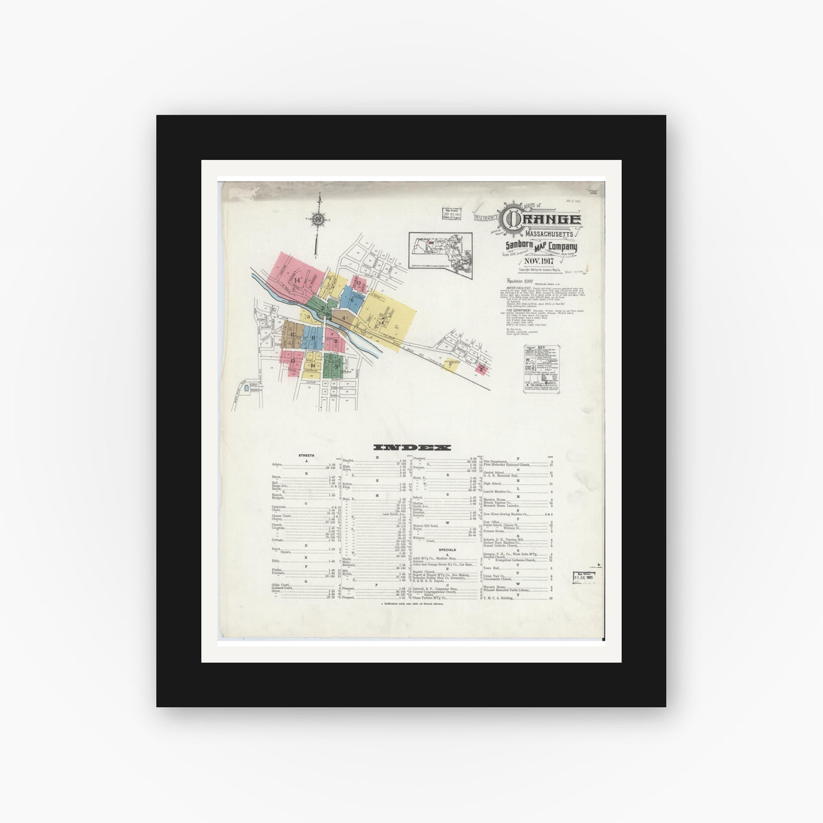 Old map wall art mockup — black gallery frame with white mat — Sanborn Fire Insurance Map from Orange, Franklin County, Massachusetts (1917) - Complete Map Set