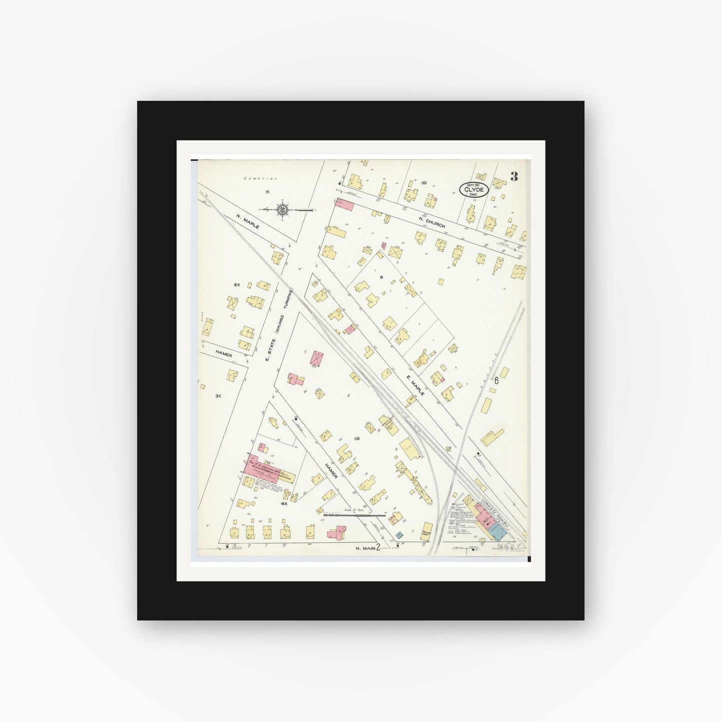 Old map wall art mockup — black gallery frame with white mat — Sanborn Fire Insurance Map from Clyde, Sandusky County, Ohio (1911), Sheet #0003