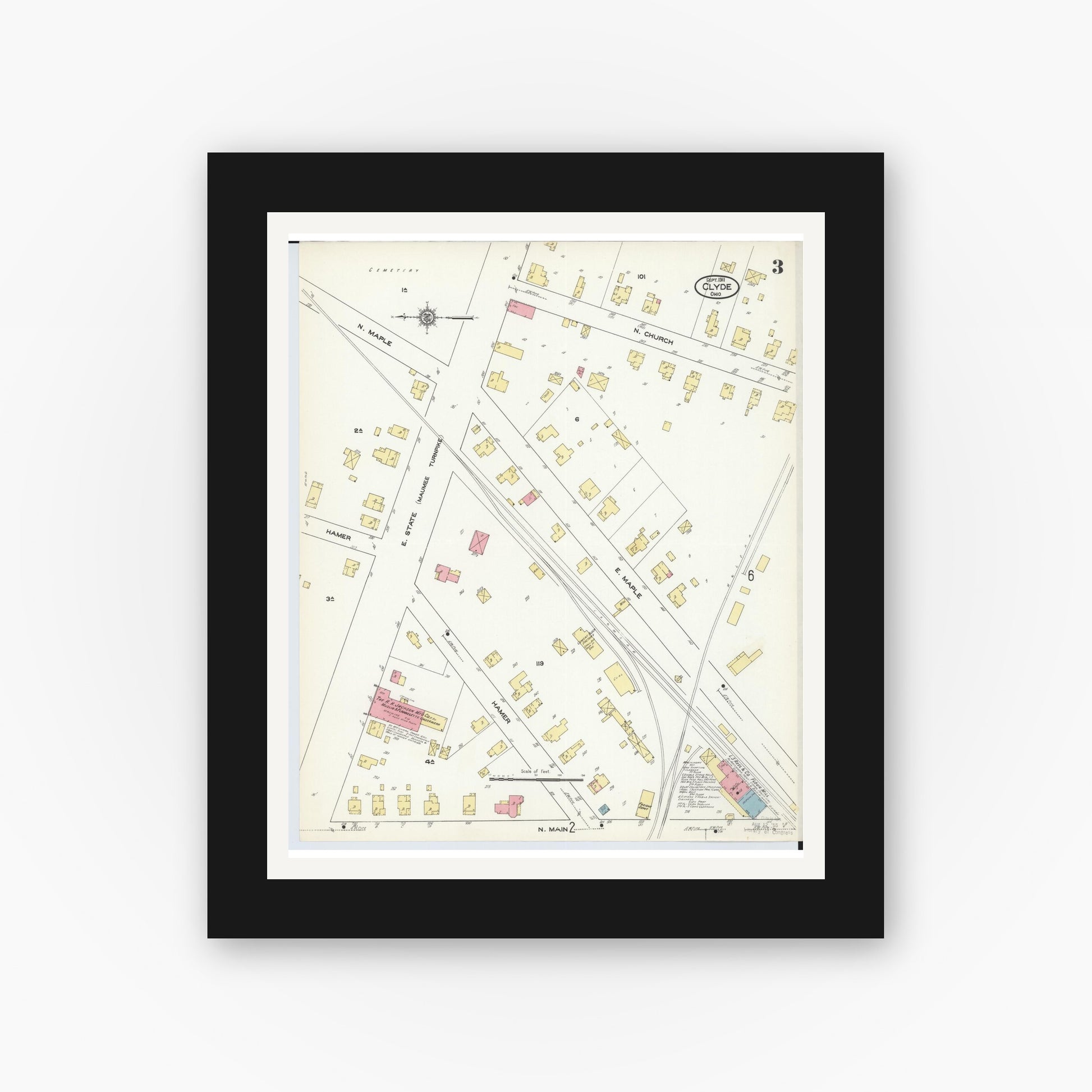 Old map wall art mockup — black gallery frame with white mat — Sanborn Fire Insurance Map from Clyde, Sandusky County, Ohio (1911), Sheet #0003