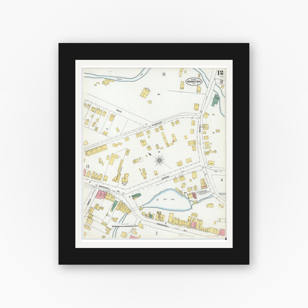 Old map wall art mockup — black gallery frame with white mat — Sanborn Fire Insurance Map from Morristown, Morris County, New Jersey (1901), Sheet #0012