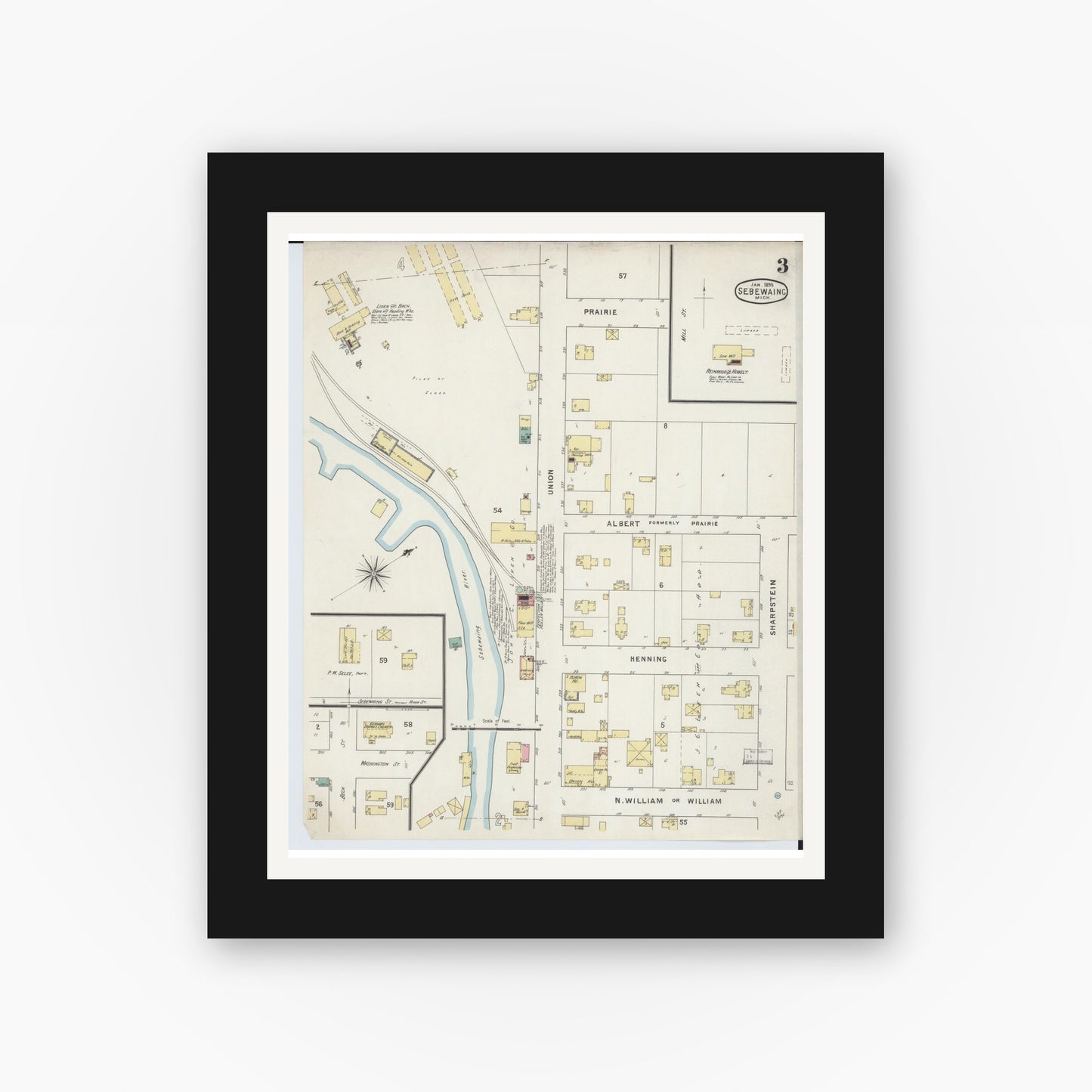 Old map wall art mockup — black gallery frame with white mat — Sanborn Fire Insurance Map from Sebewaing, Huron County, Michigan (1895), Sheet #0003