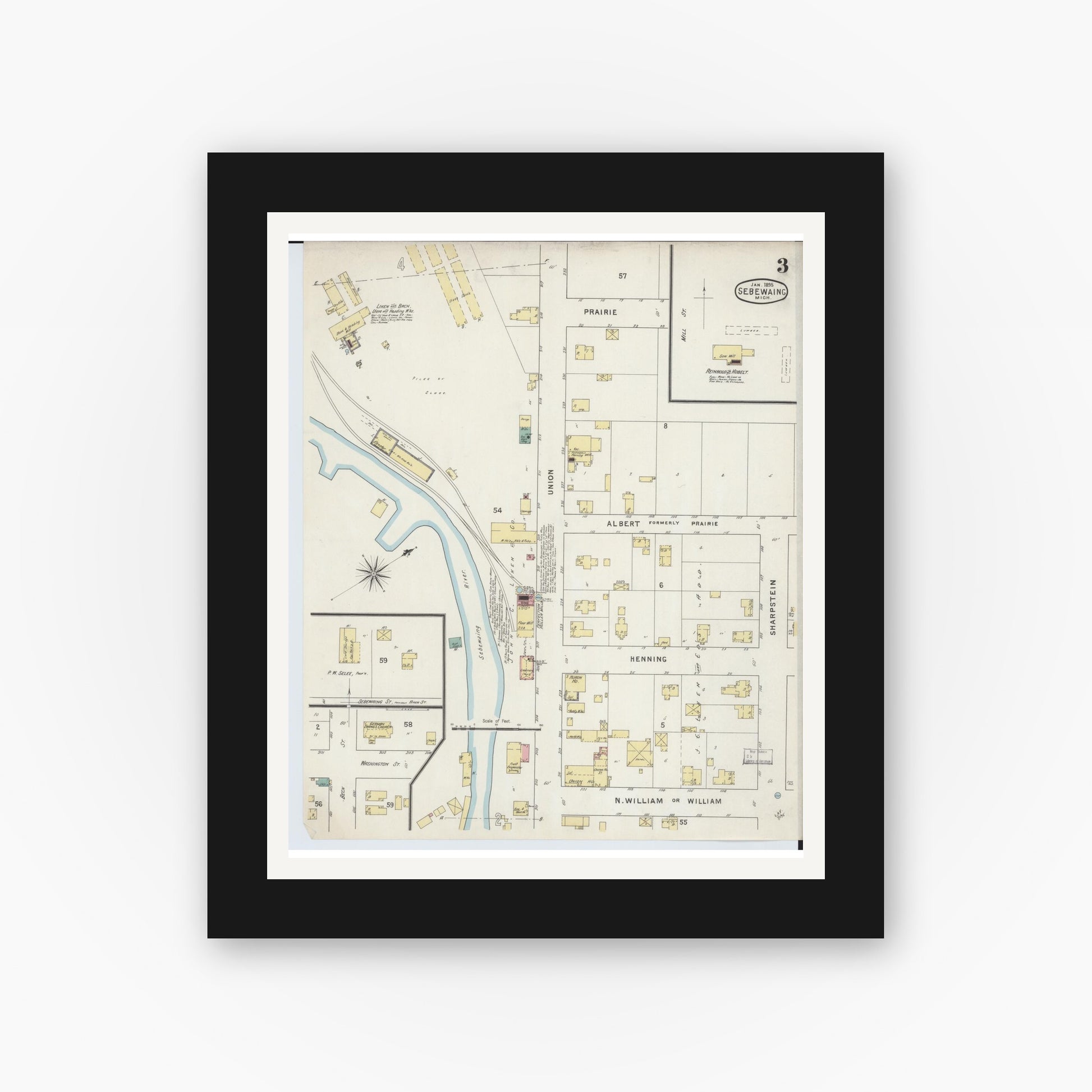 Old map wall art mockup — black gallery frame with white mat — Sanborn Fire Insurance Map from Sebewaing, Huron County, Michigan (1895), Sheet #0003