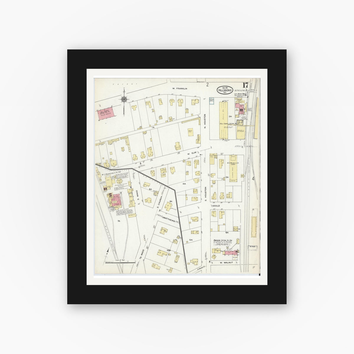 Old map wall art mockup — black gallery frame with white mat — Sanborn Fire Insurance Map from Hillsboro, Hill County, Texas (1911), Sheet #0017
