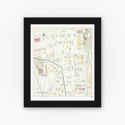 Old map wall art mockup — black gallery frame with white mat — Sanborn Fire Insurance Map from Hillsboro, Hill County, Texas (1911), Sheet #0017