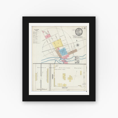 Old map wall art mockup — black gallery frame with white mat — Sanborn Fire Insurance Map from Riverhead, Suffolk County, New York (1891), Sheet #0001